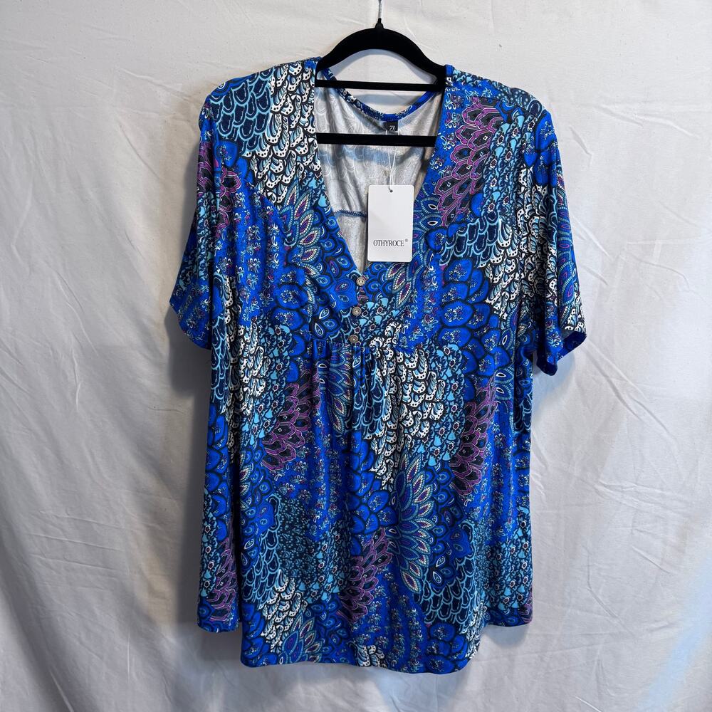 OTHYROCE Women's 2X Blue Paisley Tunic Top Boho V-Neck Short Sleeve Blouse NWT